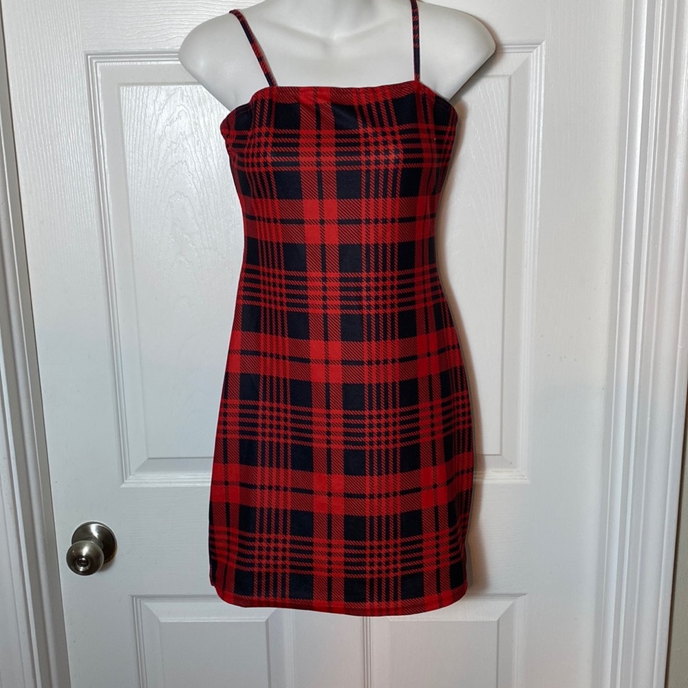 Plaid Red an Black A line Dress Size  Small Adjustable Straps   Stretchable